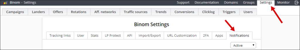 How to enable notifications from Binom